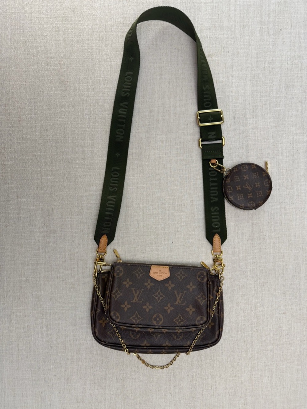 Louis Vuitton Brown Monogram Multi Pochette with Green Webbing Strap